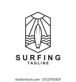 Plantilla de Ilustración vectorial de playa de surf de logotipo. Logotipo para etiqueta, vacaciones de verano, insignia, emblema y comunidad