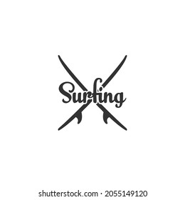 logo for surfing sport with surfboard on white background