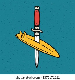 Logo Surfing. Surfboard With Knife Icon For Web. Vector Illustration On Grunge Texture Background