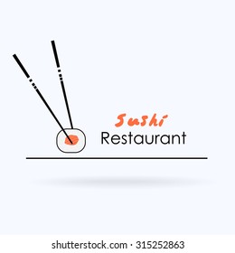 Logo for sushi. Consisting of two sticks and a piece of sushi with salmon. Vector image.