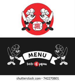 Logo sushi. Fish the chef prepares the sushi. Logo, the sign for Japanese restaurant. Template menu restaurant sushi.