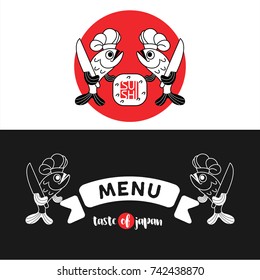 Logo sushi. Fish the chef prepares the sushi. Logo, the sign for Japanese restaurant. Template menu restaurant sushi.