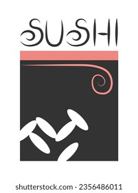 Logo de SUSHI con arroz y rizo. Color negro y salmón