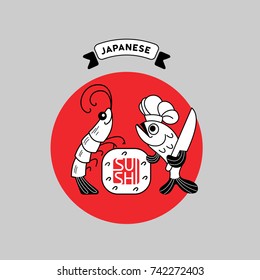 Logo sushi with shrimp and fish. Shrimp, fish and sushi. Vector illustration, sign, emblem. Isolated on a light background. Logo for a Japanese restaurant.