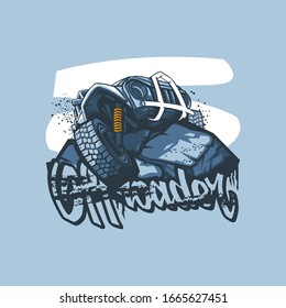 Logo with SUV on top of the mountain with the inscription Offroader on a blue background.