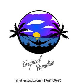 logo of sweet tropical paradise. illustration of couple people enjoy  to saw sunset  in the beach