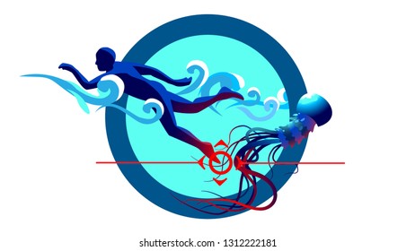Logo of swimmer, and medusa in sea waves. Men got hurt from jellyfish. Danger of burn poison