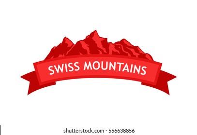Logo of Swiss Mountains in red colors with ribbon and caption. Vector Emblem with Alps of Switzerland isolated on white
