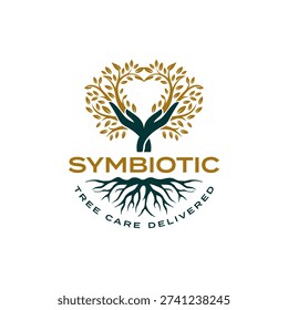 A logo for Symbiotic Tree Care Delivered, featuring a tree with a heart-shaped canopy formed by branches and leaves, hands cradling the trunk, and visible roots below the text.