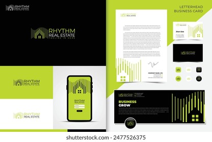  Logo symbol and Branding Identity Package of house is formed with a simple line rhythm in green color