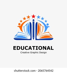 logo symbol for education. book icon, pencil, student icon and star. education vector logo template.