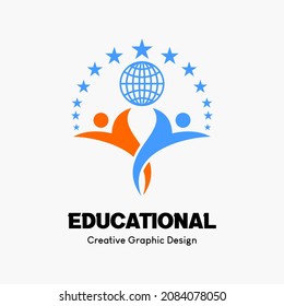 logo symbol for education. icon of two people, goble or earth and stars. education vector logo template.