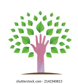 Logo, símbolo de la mano y árbol humanos con hojas verdes. concepto ecológico del medio ambiente