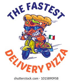 Logo symbol icon crazy big piece pizza driving fast speed retro scooter and try the fastest delivery street food eat pizza Vector modern style illustration cartoon character isolated white background.