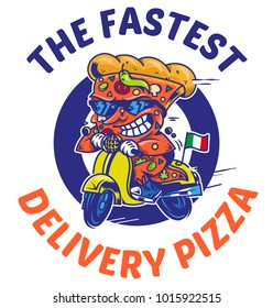 Logo symbol icon crazy big piece pizza driving fast speed retro scooter and try the fastest delivery street food eat pizza Vector modern style illustration cartoon character isolated white background.