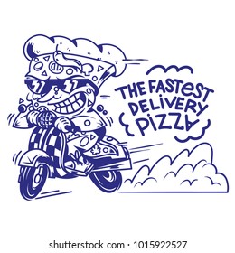 Logo symbol icon crazy big piece pizza driving fast speed retro scooter and try the fastest delivery street food eat pizza Vector modern style illustration cartoon character isolated white background.