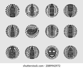 Conjunto de elementos de símbolo del logotipo.Estilo dibujado a mano de época. Sello para forma redonda.Ilustración vectorial.
