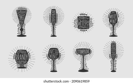 Logo symbol icon element set.Vintage hand drawn style. Stamp for round form.Vector illustration.