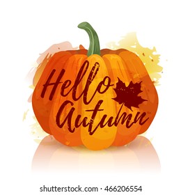 
Logo, symbol, icon Hello Autumn. Design a banner for the autumn holidays with the decor of red pumpkin. Poster Hi autumn with pumpkin watercolor texture and silhouette of the maple leaf. Vector.