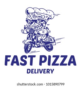 Logo symbol print crazy big piece pizza driving fast speed retro scooter and try the fastest delivery street food eat pizza Vector modern style illustration cartoon character isolated white background