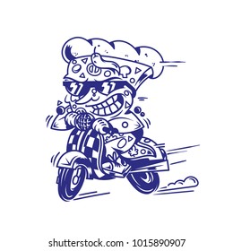 Logo symbol print crazy big piece pizza driving fast speed retro scooter and try the fastest delivery street food eat pizza Vector modern style illustration cartoon character isolated white backgroun.