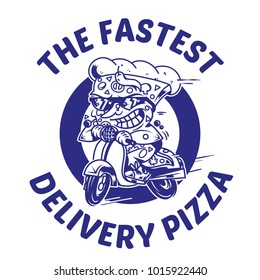 Logo symbol print crazy big piece pizza driving fast speed retro scooter and try the fastest delivery street food eat pizza Vector modern style illustration cartoon character isolated white background