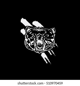 Logo, symbol, sign, stencil bear head.Unique technique Vintage hand drawn style