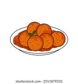 The logo or symbol for a spicy food or meatball brand is depicted with a spicy meatball in a plate and an illustration of chilies tasting the spiciness of a meatball