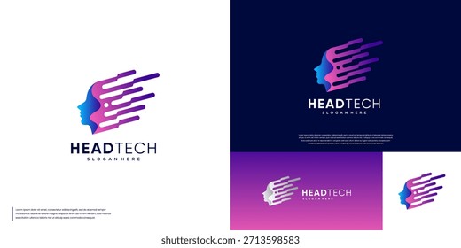Logo que simboliza la velocidad de la información con un concepto digital, transferencia de datos, cabeza humana, Diseño gráfico de Vector.