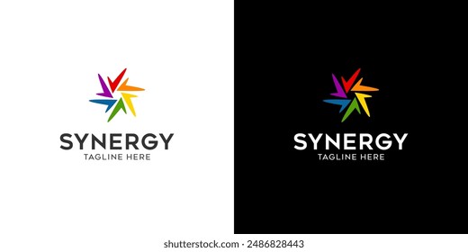 logo synergy, concept of two or more entities working together. Interlocking circles symbolize the coming together of various elements