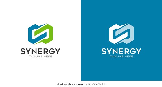 logo synergy, concept of two or more entities working together. Interlocking circles symbolize the coming together of various elements