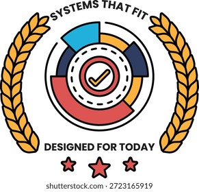 A logo for systems that fit designed for today. The logo is a circle with a check mark in the middle and a star in the bottom right corner