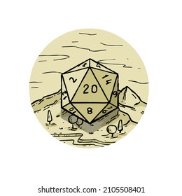 Logo of tabletop RPG game with 20d dice. Natural landscape engraving. Board adventure game.
