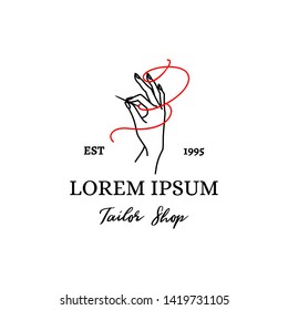 Logo Tailor Shop. Vector Emblem of a Female hand with a Needle and a red Thread outline style . 