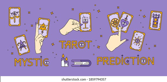 Logo for a tarot reader, print for souvenirs, a set of drawings about tarot card. Fortune telling on tarot cards, fortuneteller, witch, female hand, magic, love spell, occultism, prediction, esoteric