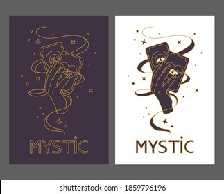 Logo for a tarot reader, print for souvenirs, a set of drawings about tarot card. Fortune telling on tarot cards, fortuneteller, witch, female hand, magic, love spell, occultism, prediction, esoteric