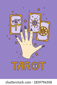 Logo for a tarot reader, print for souvenirs, a set of drawings about tarot card. Fortune telling on tarot cards, fortuneteller, witch, female hand, magic, love spell, occultism, prediction, esoteric