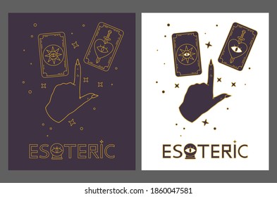 Logo for a tarot reader, print for souvenirs, a set of drawings about tarot card. Fortune telling on tarot cards, fortuneteller, witch, female hand, magic, love spell, occultism, prediction, esoteric