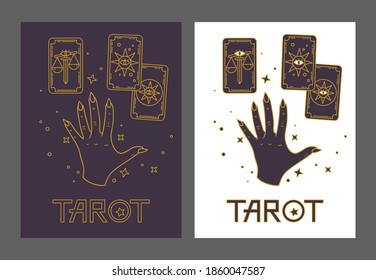 Logo for a tarot reader, print for souvenirs, a set of drawings about tarot card. Fortune telling on tarot cards, fortuneteller, witch, female hand, magic, love spell, occultism, prediction, esoteric