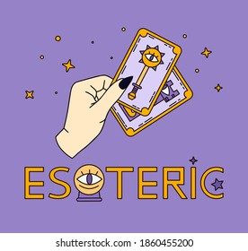 Logo for a tarot reader, print for souvenirs, a set of drawings about tarot card. Fortune telling on tarot cards, fortuneteller, witch, female hand, magic, love spell, occultism, prediction, esoteric