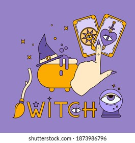 Logo for a tarot reader, print for souvenirs, a set of drawings about tarot card. Fortune telling on tarot cards, fortuneteller, witch, female hand, magic, love spell, occultism, prediction, esoteric