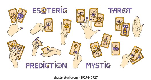 Logo für einen Tarot-Leser, Druck für Souvenirs, eine Reihe von Zeichnungen über Tarot-Karte. Glücksspiel auf Tarot-Karten, Wahrsager, Hexe, weibliche Hand, Magie, Liebeszauber, Okkultismus, Vorhersage, esoterische