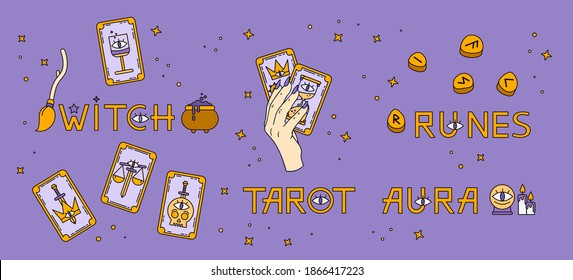 Logo para un lector de tarot, pistas, impresión para recuerdos, un conjunto de dibujos sobre la tarjeta de tarot. Relato de fortuna en tarjetas tarot, adivino, bruja, mano, magia, hechizo de amor, ocultismo, predicción, esotérico