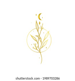Logo, tatuaje. El logo de la rama, el círculo y la luna en un estilo minimalista. Logo de una luna brillante con estrellas, hojas y un círculo. Elegante. Lujo. Estilo boho. 