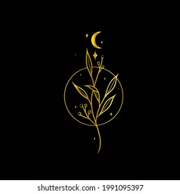 Logo, tattoo. The logo of the branch, circle and moon in a minimalist style. A shiny gold moon logo with stars, leaves and a circle. Elegant. Luxury. Boho style. Black background.
