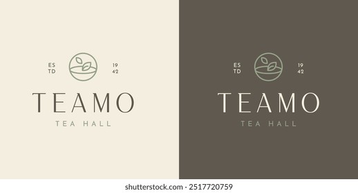 Logo Hojas de té y taza, estilo de contorno lineal. Logotipo de Premium para la casa de té, tienda de té, tienda de té, restaurante, cafetería, etiqueta, menú, embalaje