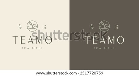 Logo Tea Leaves and Cup, Linear outline style. Premium logo for tea house, tea shop, tea store, restaurant, cafe, label, menu, packaging
