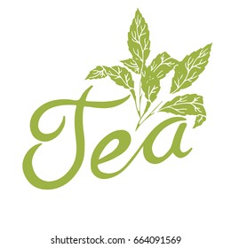 Logo with tea and tea leaves in green