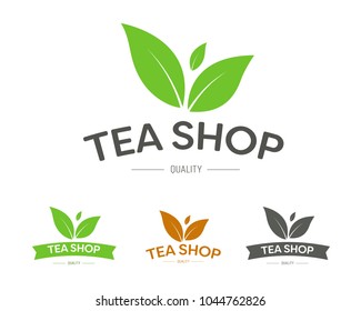 Logo for a tea shop or brand with three leaves. Vector illustration. Set