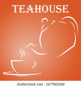 Casa de té con logo sobre el fondo naranja